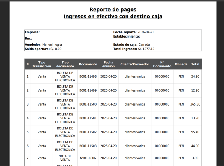 Pagos en efectivo de caja chica FacturaLibre.org Perú
